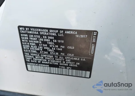 2018 Volkswagen Atlas 3.6L V6 Se/3.6L V6 Se W/Technology из США, поврежденный, VIN 1V2DR2CA7JC536496